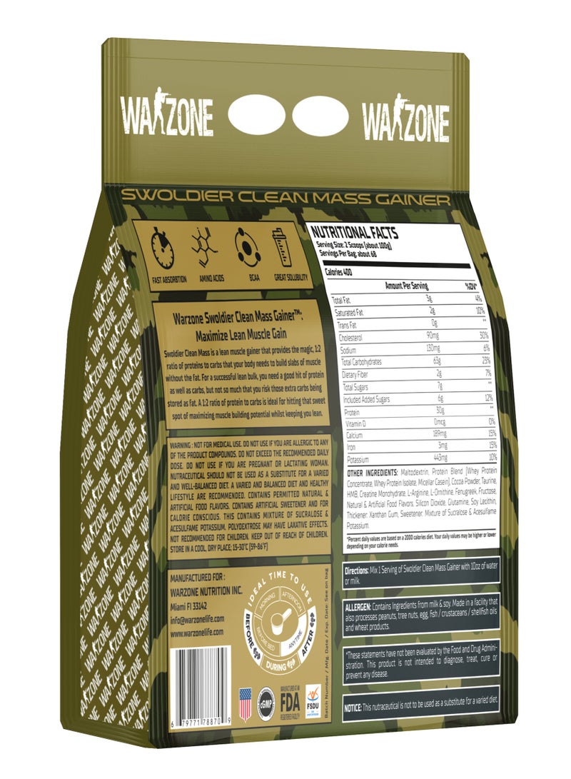 Warzone سولدير كلين ماس غاينر 15 رطل – تركيبة لبناء العضلات النحيفة (شوكولاتة) - Image 2